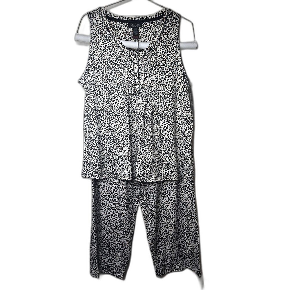 Woman's Leopard Print Pajama Set Cropped Bottoms Sleeveless Henley Button Top L